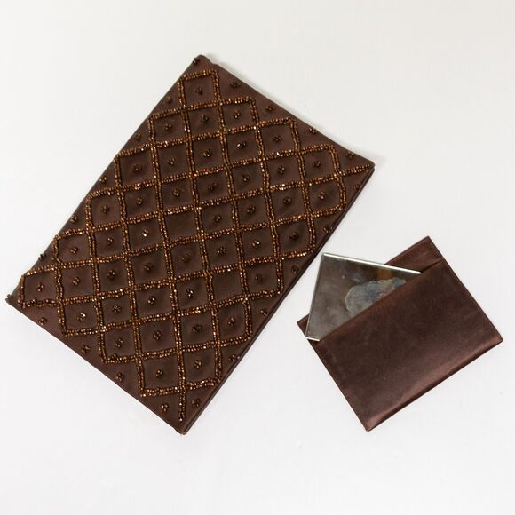 Envelop Clutch Vintage MAGID Brown Beaded Purse Antique Bag with Original Mirror - Picture 3 of 8